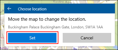 Ao criar um local de Coleções do Windows 10 Maps, posicione manualmente seu local e clique em Definir