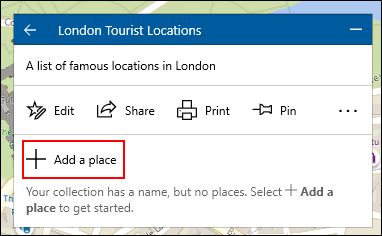 Para adicionar um local a uma coleção do Windows 10 Maps, clique na coleção e em Adicionar um lugar