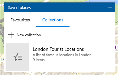 Uma lista de coleções no aplicativo Mapas do Windows 10