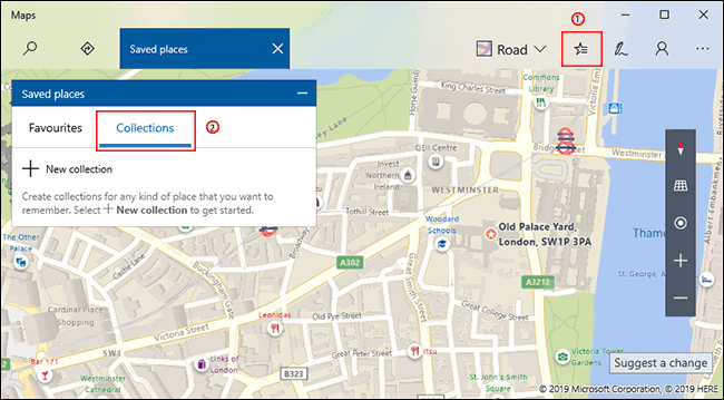 Clique no botão Locais salvos no Windows 10 Maps e, em seguida, clique na guia Coleções