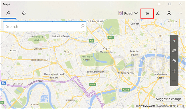 No Windows 10 Maps, clique no ícone de Locais salvos no canto superior direito
