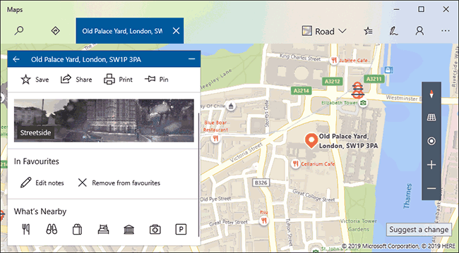 Um exemplo de uma lista de locais favoritos no Windows 10 Maps