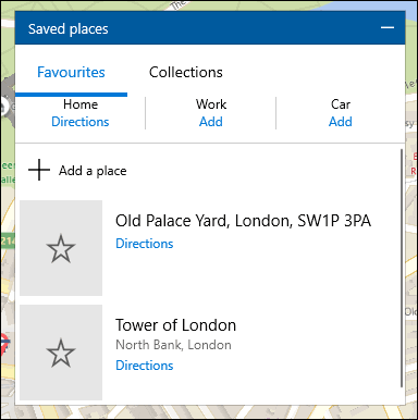 Uma lista de locais salvos no Windows 10 Maps