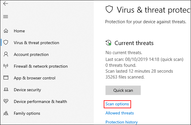 No menu Proteção contra vírus e ameaças, clique em Opções de verificação