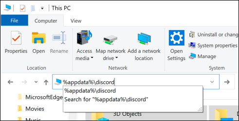 "% appdata% \ discord" na caixa de caminho do arquivo no Windows File Explorer.
