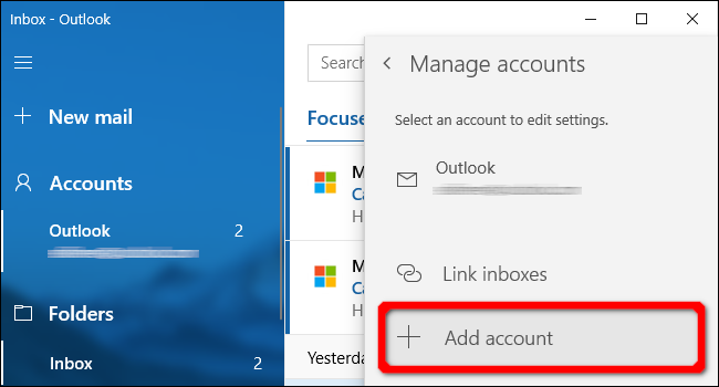 Aplicativo do Windows Mail Adicionar conta
