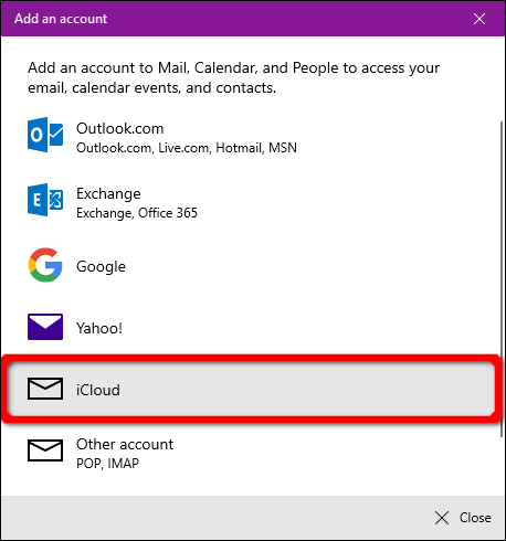 Conta do aplicativo iCloud do Windows Mail