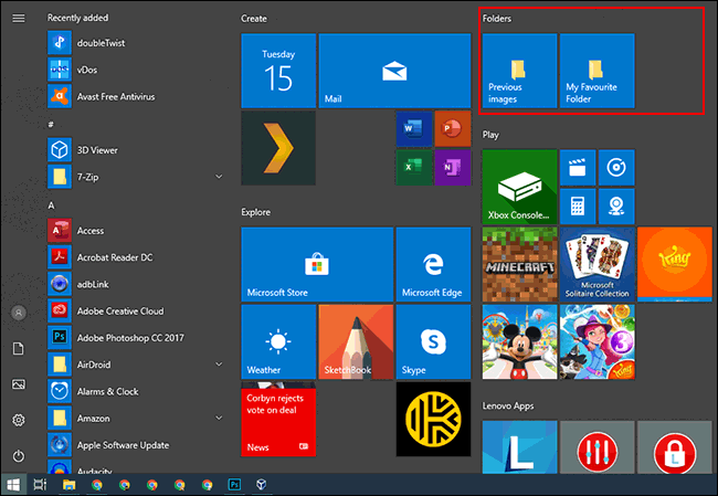 Um grupo de blocos fixados no menu Iniciar do Windows 10.
