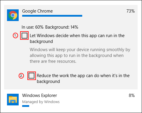 Desmarque as caixas "Permitir que o Windows decida quando este aplicativo pode ser executado em segundo plano" e "Reduzir o trabalho que o aplicativo pode fazer quando estiver em segundo plano".