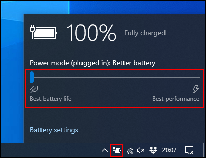 Clique no ícone da bateria na barra de tarefas e arraste o controle deslizante para alterar os modos de energia.