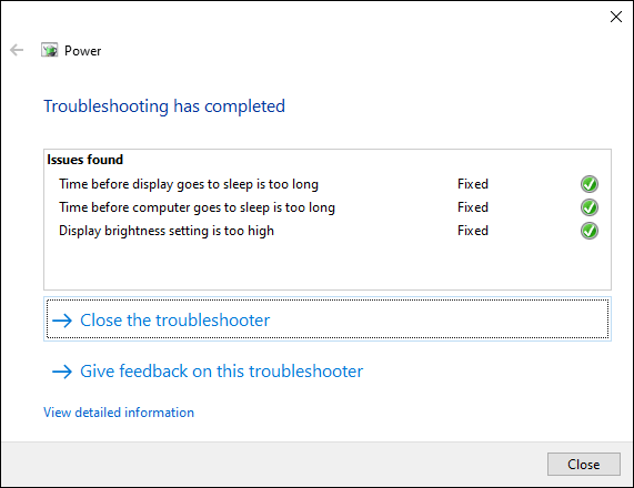 A ferramenta de solução de problemas do Windows 10, mostrando as alterações concluídas nas configurações de energia.