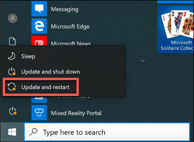A opção "Atualizar e reiniciar" no menu Iniciar do Windows 10. 