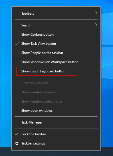 Clique com o botão direito na barra de tarefas e, em seguida, clique no botão mostrar teclado sensível ao toque