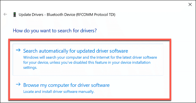 A seção "Como você deseja procurar drivers?"  opções no Windows 10.