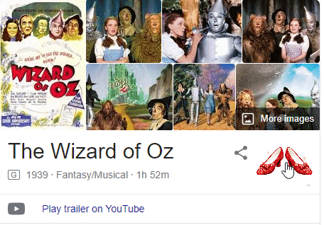 GIF animado dos resultados de pesquisa de "O Mágico de Oz" girando no Google.