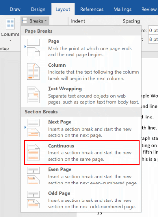 No Word, clique em Layout> Quebras> Contínuo para adicionar uma quebra de seção