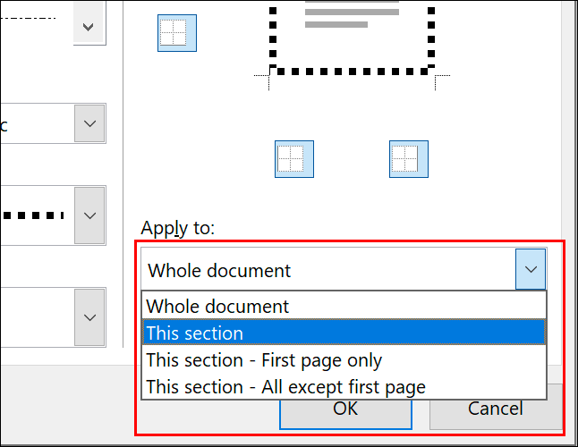Para aplicar uma borda de página a páginas individuais, selecione a opção relevante no menu suspenso "Aplicar a" no menu de opções Bordas de página