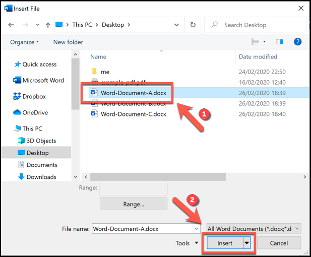 Selecione seu documento e pressione Inserir para colocá-lo em seu documento