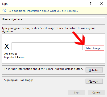 Clique em Selecionar Imagens na caixa de diálogo Assinar para inserir uma assinatura de imagem no Microsoft Word