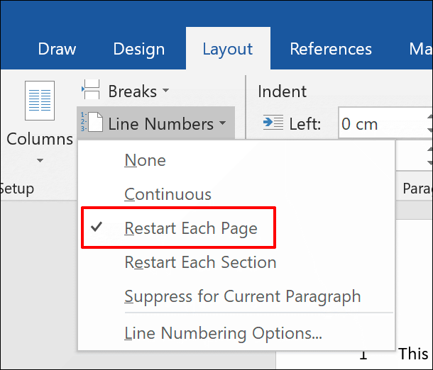Para adicionar números de linha a um documento do Word que reinicie a cada nova página, clique em Layout> Números de linha> Reiniciar cada página
