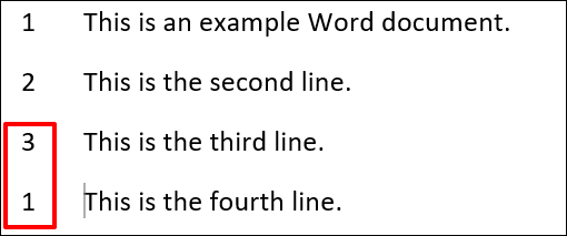 Um exemplo de números de linha no Word, com uma nova sequência de números começando após uma quebra de seção