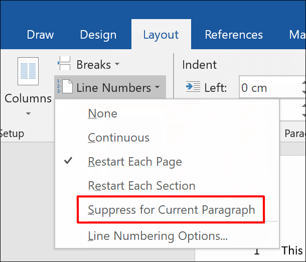 Para remover números de linha de um parágrafo, clique em Layout> Números de linha> Suprimir para parágrafo atual