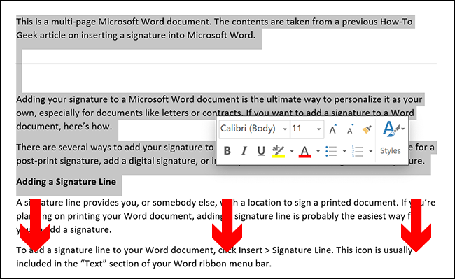 Para selecionar manualmente o conteúdo de uma página do Microsoft Word, coloque o cursor do documento no início da página e arraste para baixo