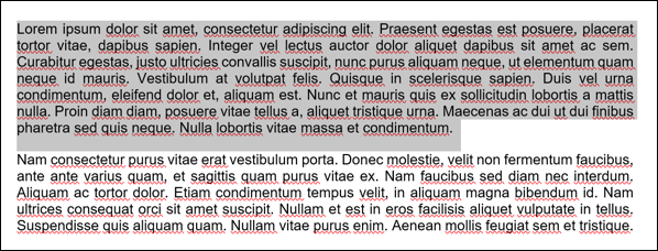 Texto de exemplo de um documento do Microsoft Word, com um parágrafo selecionado.