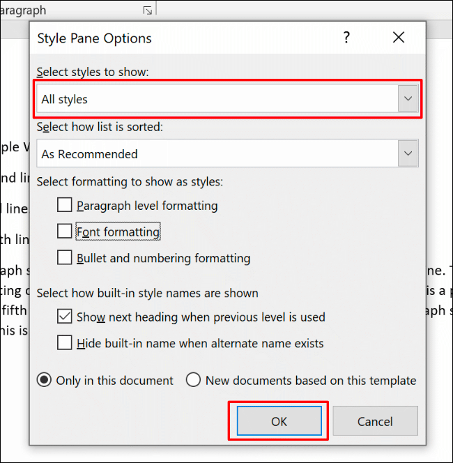 No menu Opções do painel de estilo, escolha Todos os estilos no menu suspenso Selecionar estilos para mostrar