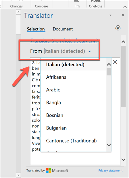 Seleção de um idioma para tradução no menu de opções "Tradutor" do Word