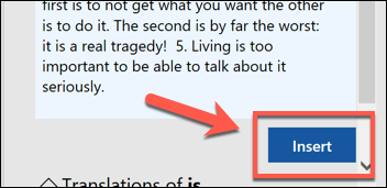 Pressione o botão Inserir para inserir o texto traduzido no Word