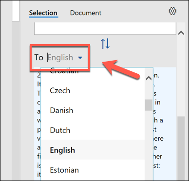 Seleção de um idioma para tradução no menu de opções "Tradutor" do Word