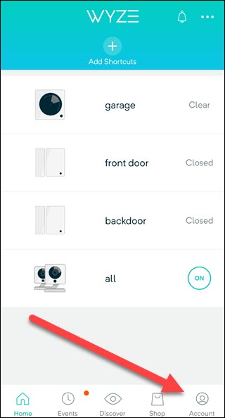 Aplicativo Wyze com seta apontando para o botão da conta.