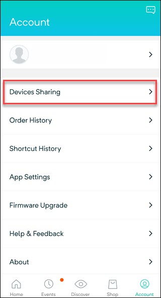 Configurações da conta Wyze com caixa em torno da opção de compartilhamento de dispositivos.