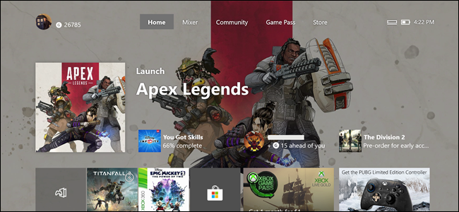 Tela inicial do Xbox com recurso Apex Legends
