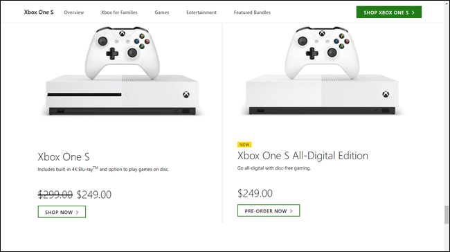 Xbox One S com preço de US $ 250 versus Xbox One S totalmente digital com preço de US $ 250