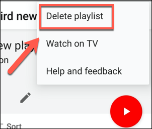 Toque em Excluir playlist para começar a excluir uma playlist no aplicativo do YouTube