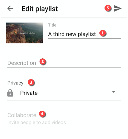As opções para editar uma lista de reprodução no aplicativo do YouTube