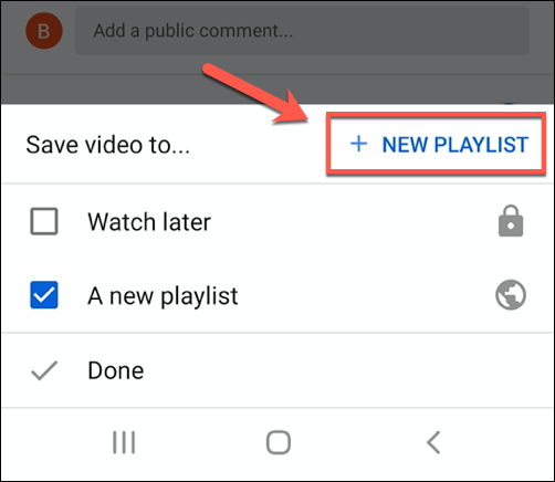 Toque em Nova lista de reprodução para adicionar uma nova lista de reprodução do YouTube