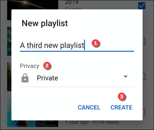 Forneça um nome e nível de privacidade para uma lista de reprodução e clique em Criar para criá-la