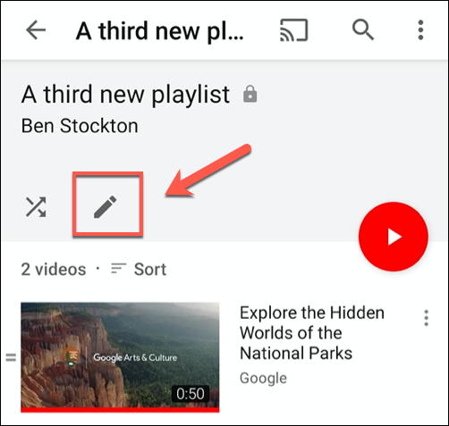 Para editar uma lista de reprodução, toque no botão de lápis nas configurações da lista de reprodução
