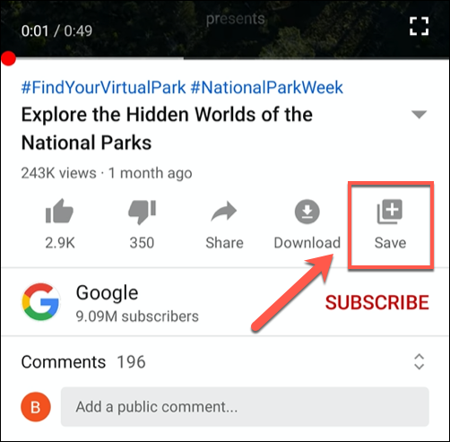Clique no botão "Salvar" no aplicativo do YouTube para celular