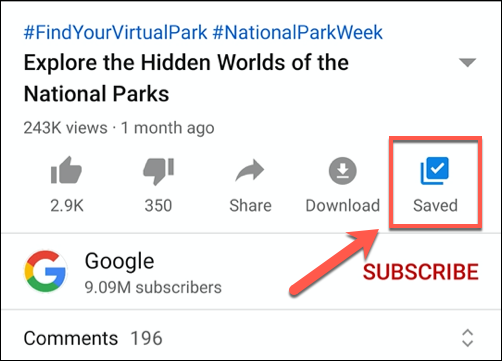 Toque em Salvar ou Salvo em um vídeo do YouTube para começar a adicioná-lo ou removê-lo de uma lista de reprodução