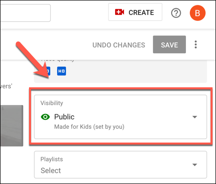 Pressione a opção Visibilidade no menu de edição dos estúdios do YouTube