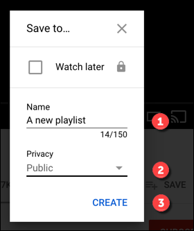 Opções para criar uma lista de reprodução no YouTube.  Clique em Criar para criá-lo.