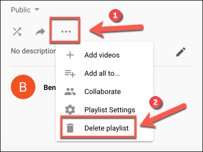 Toque no ícone de menu de três pontos e clique em Excluir lista de reprodução para começar a excluir uma lista de reprodução do YouTube