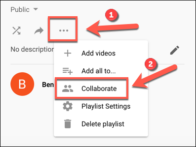 Para permitir que outros usuários editem uma lista de reprodução, toque no ícone de três pontos> Colaborar