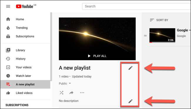 Toque nos ícones de lápis em uma lista de reprodução do YouTube para renomeá-la ou editar sua descrição