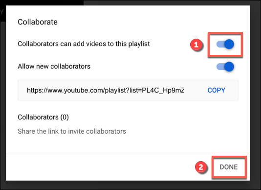 Toque no controle deslizante de colaboração para permitir colaboradores da playlist do YouTube e clique em Concluído para confirmar