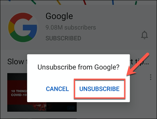Toque em cancelar para cancelar a assinatura do canal do YouTube